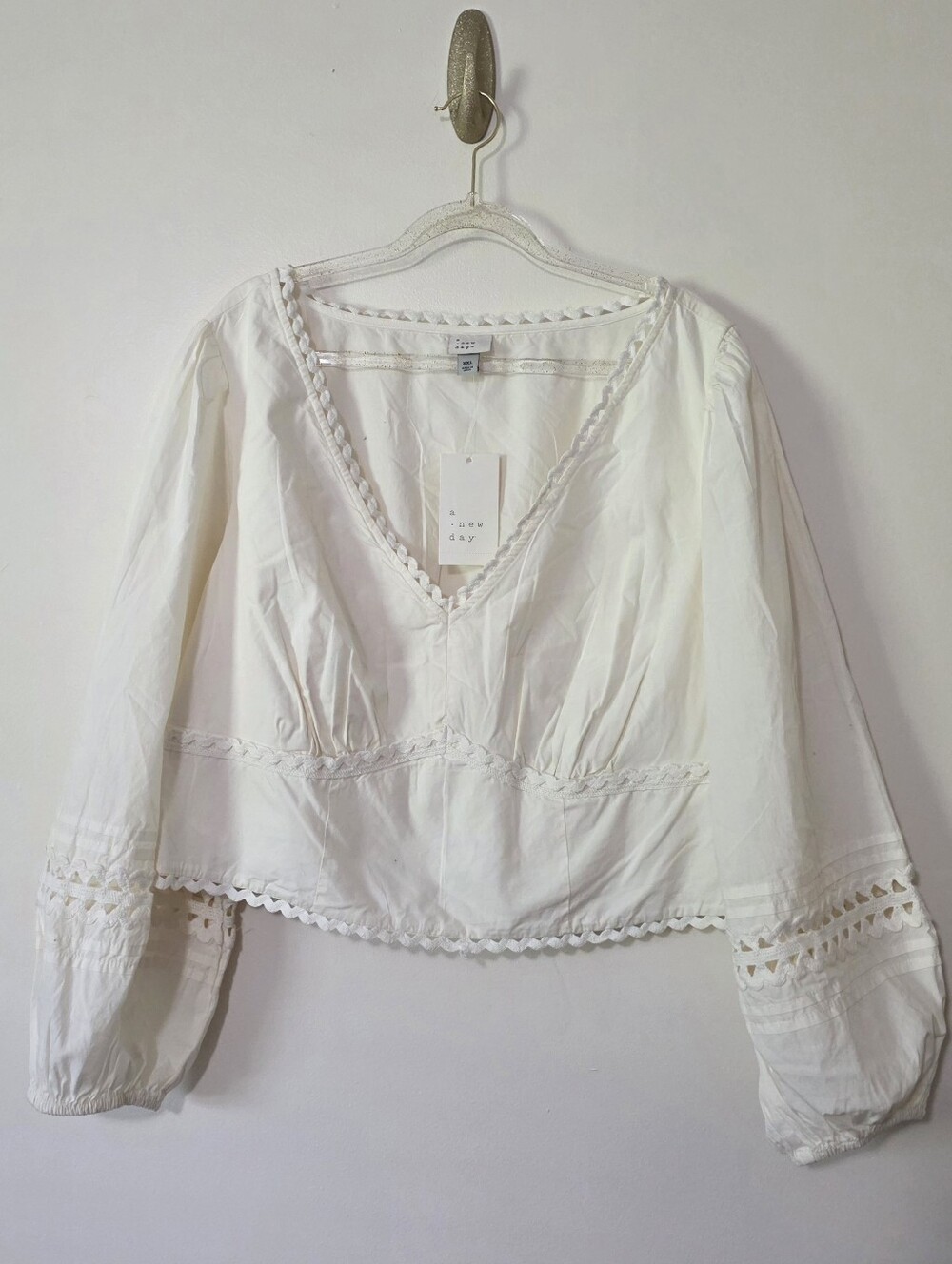 NWT A New Day Romantic Cropped Eyelet Cutwork Blouse Balloon Sleeves Boho XXL
